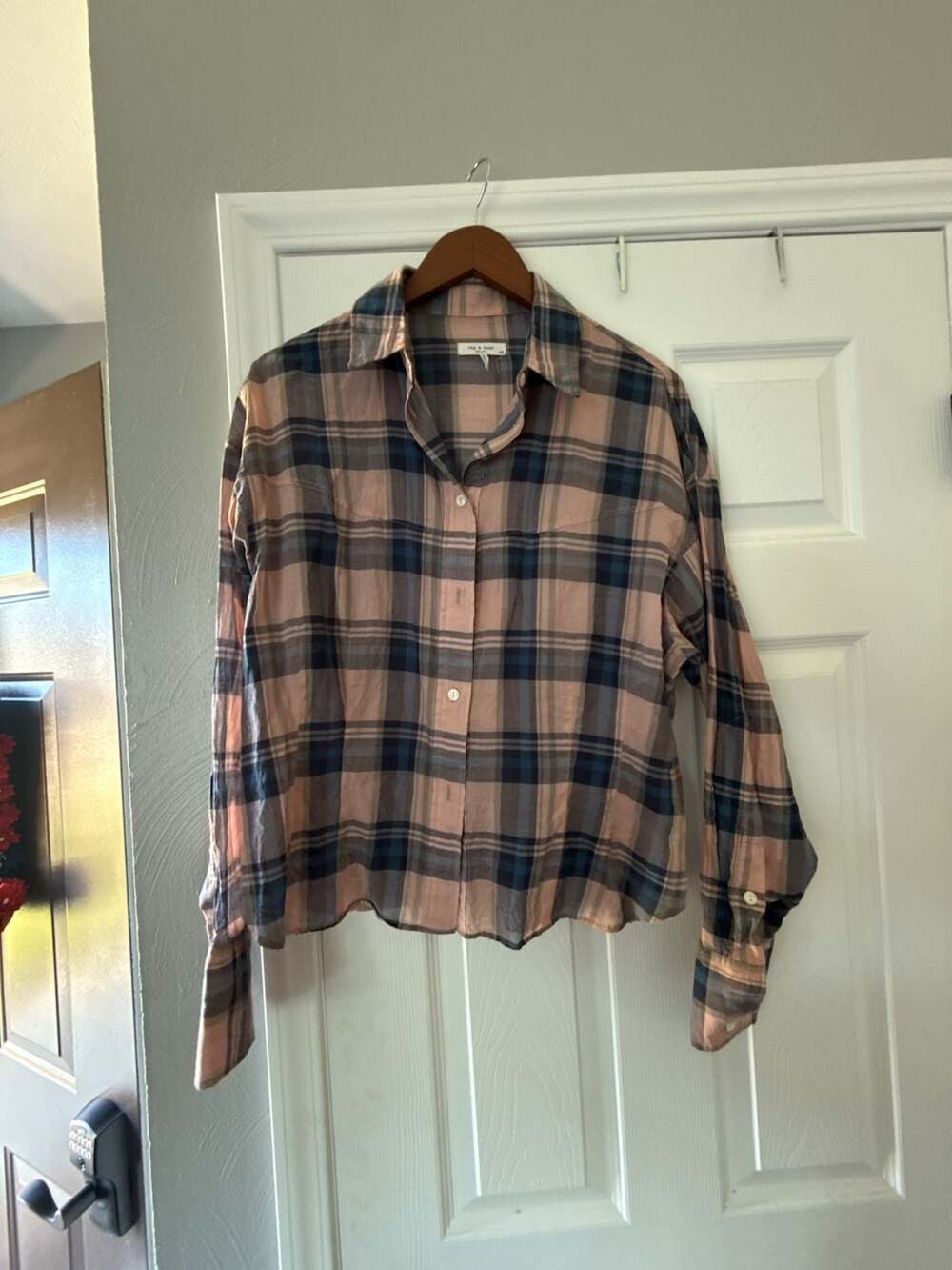 rag & bone New York Women's Pink and Blue Plaid Cotton Long Sleeve Button-Up Shi